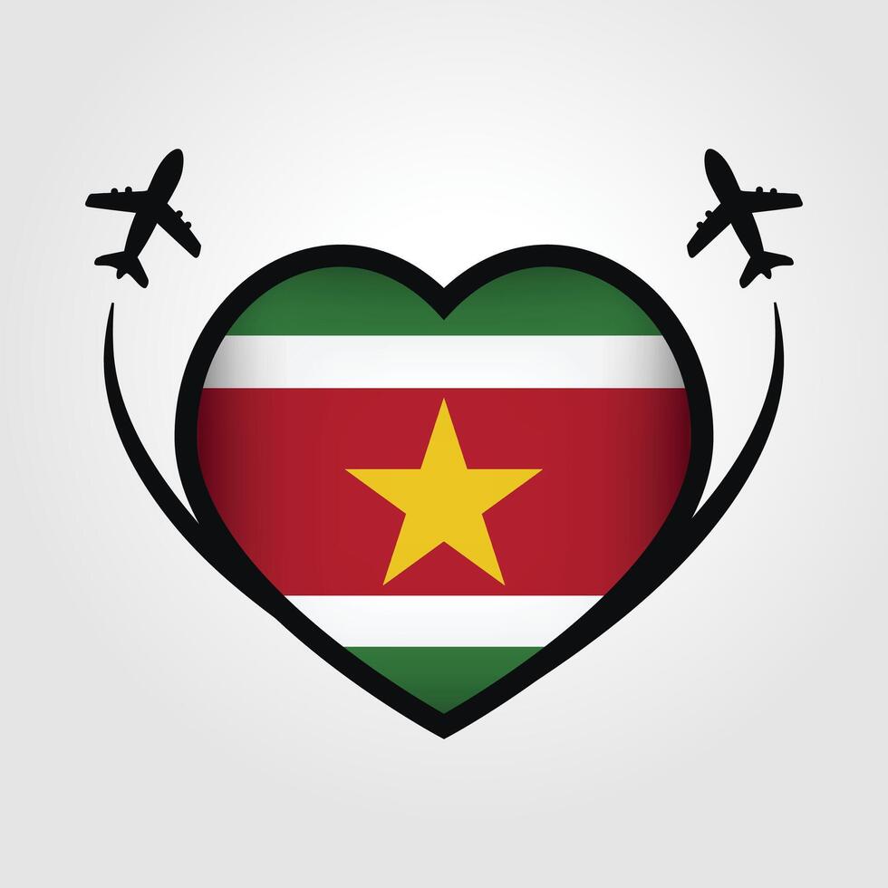 Suriname Travel Heart Flag With Airplane Icons vector