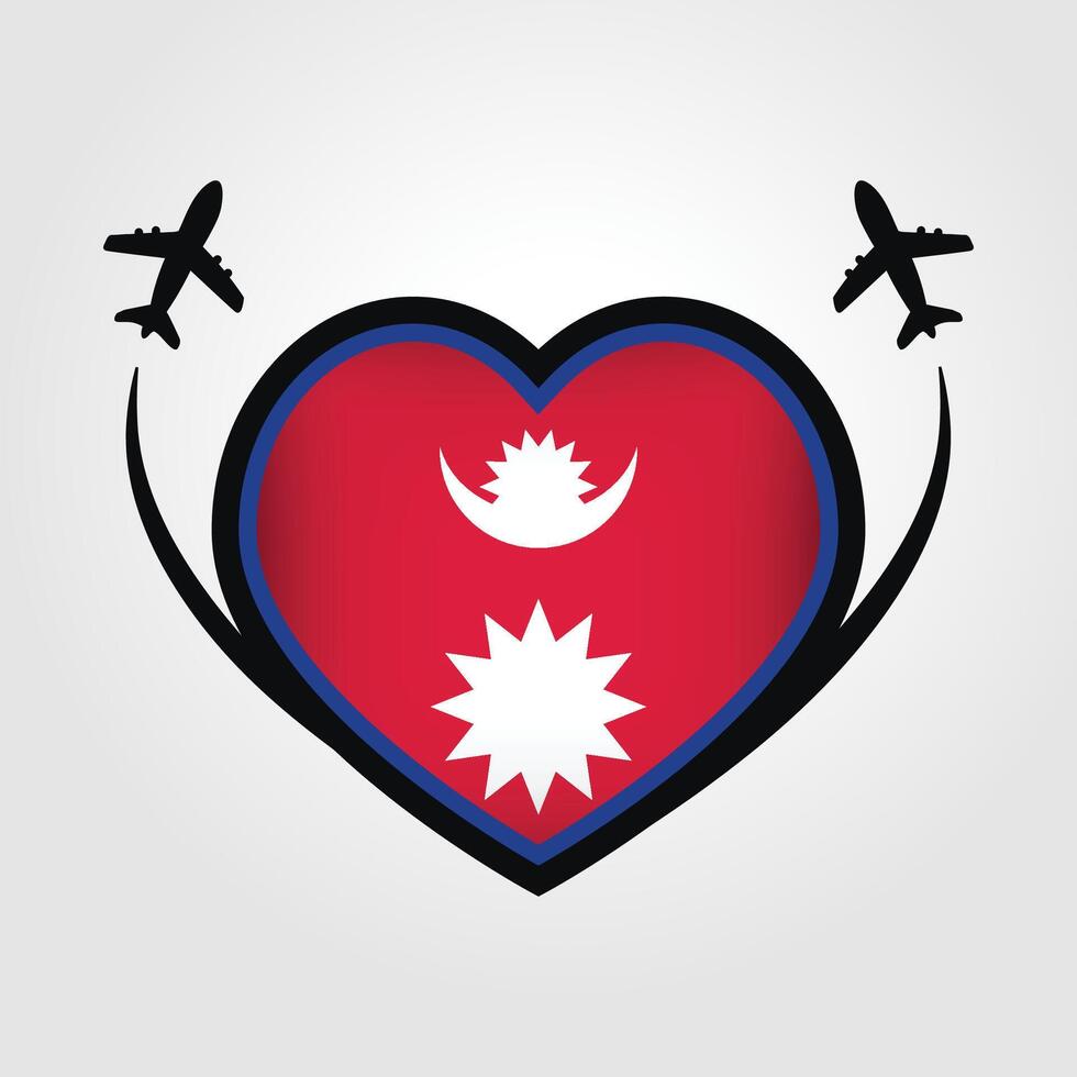 Nepal Travel Heart Flag With Airplane Icons vector