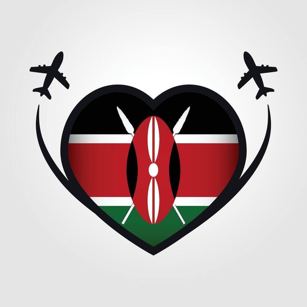 Kenya Travel Heart Flag With Airplane Icons vector