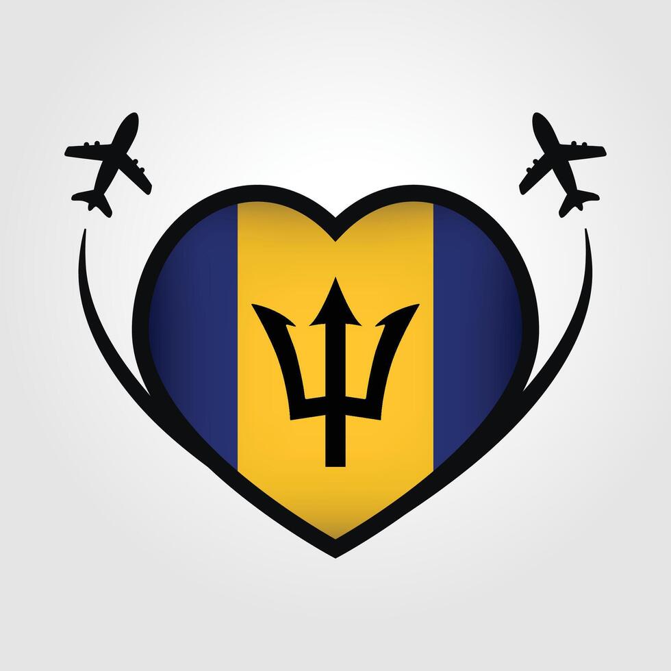 Barbados Travel Heart Flag With Airplane Icons vector