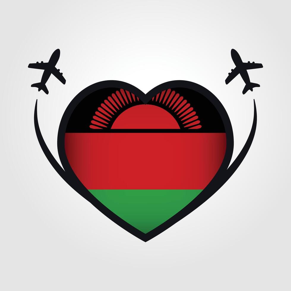 Malawi Travel Heart Flag With Airplane Icons vector
