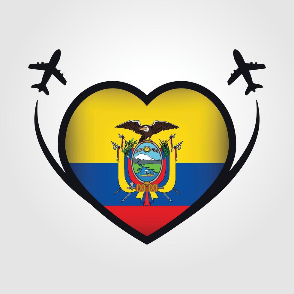 Ecuador Travel Heart Flag With Airplane Icons vector