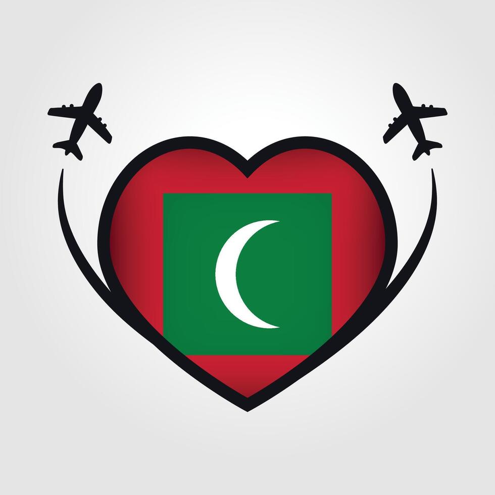 Maldives Travel Heart Flag With Airplane Icons vector