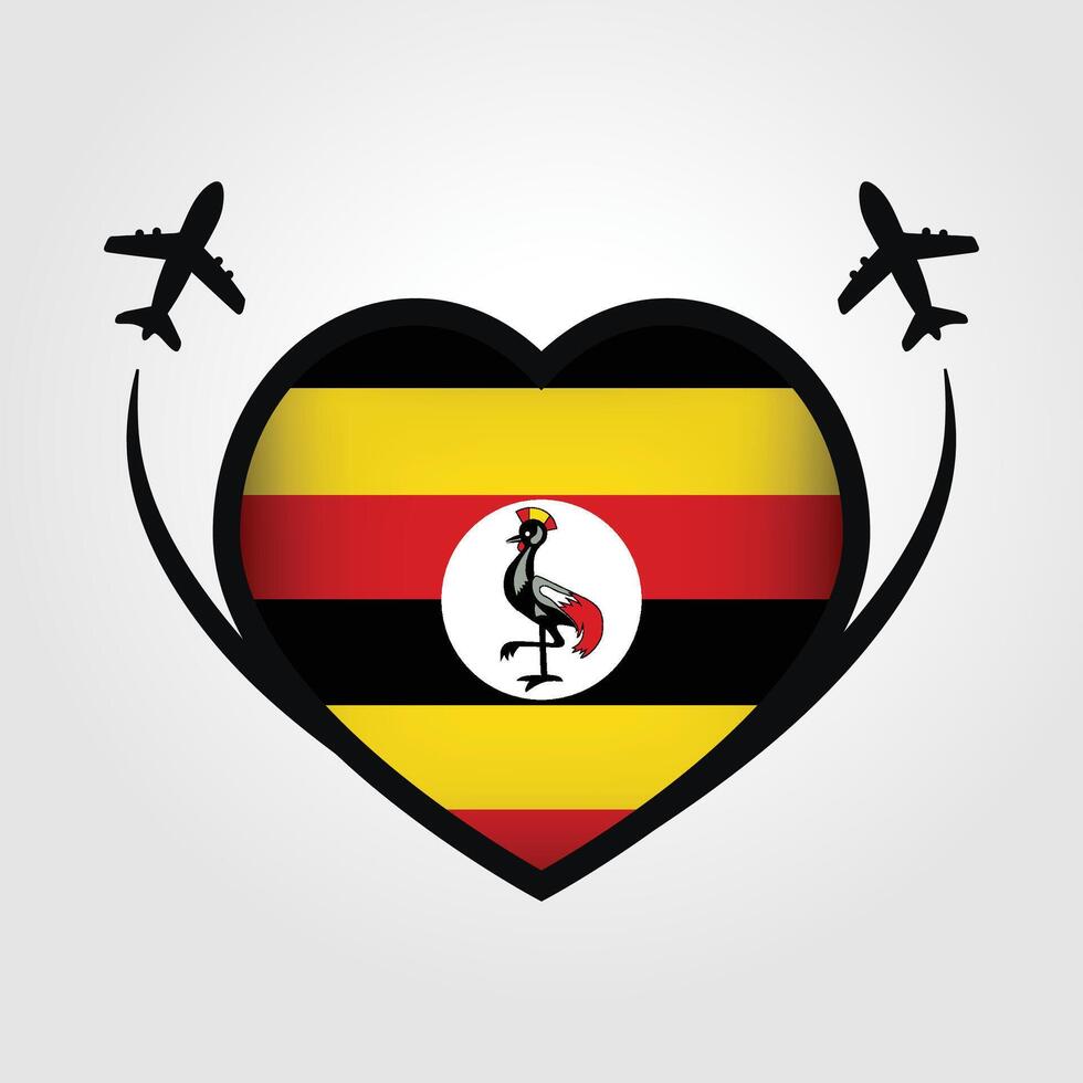 Uganda Travel Heart Flag With Airplane Icons vector