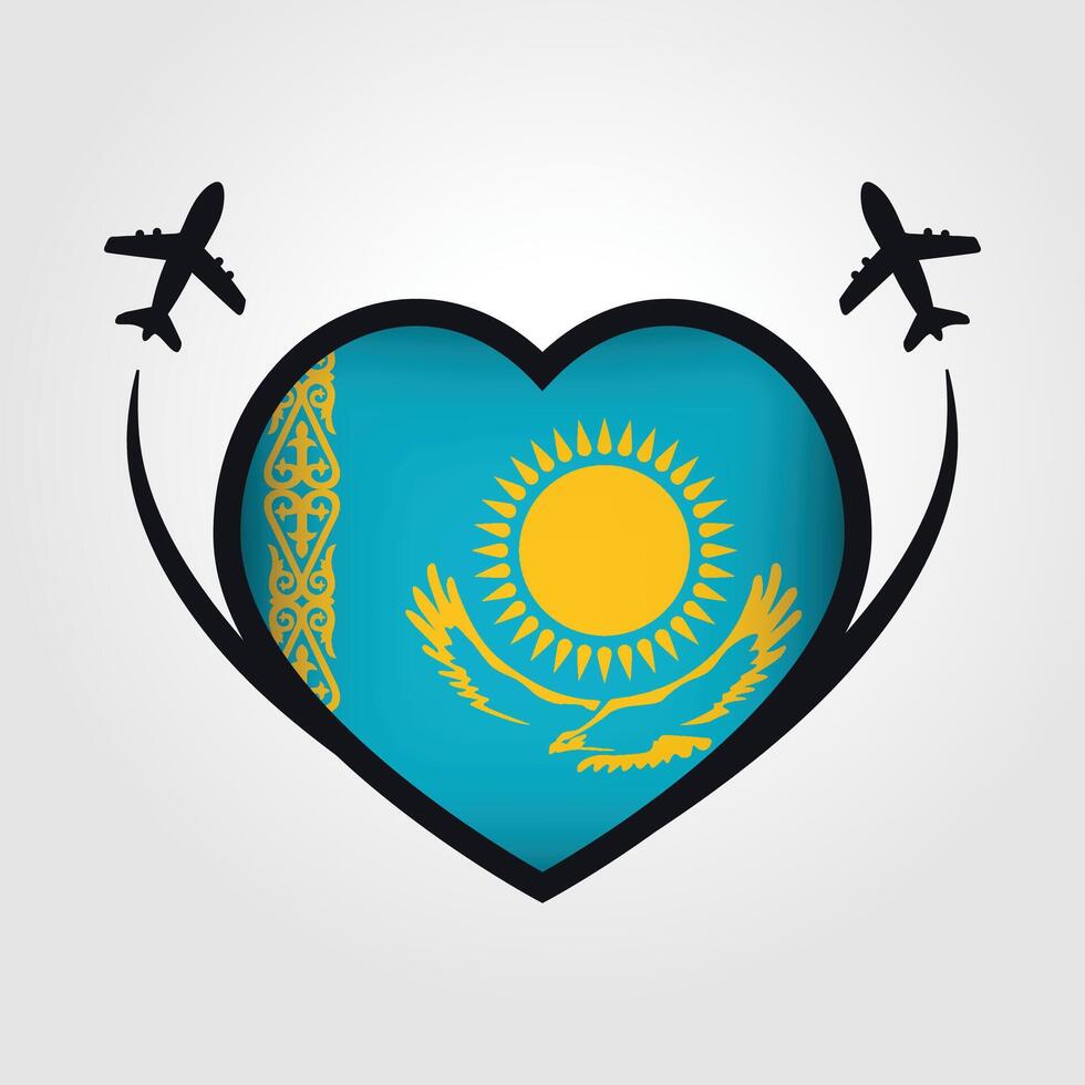 Kazakhstan Travel Heart Flag With Airplane Icons vector