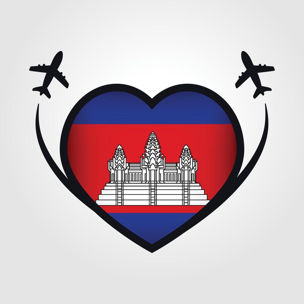 Cambodia Travel Heart Flag With Airplane Icons vector
