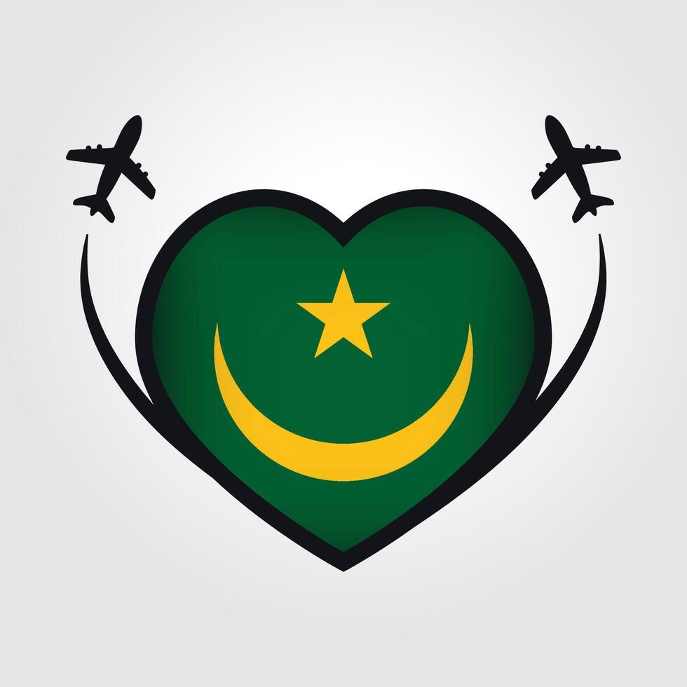 Mauritania Travel Heart Flag With Airplane Icons vector