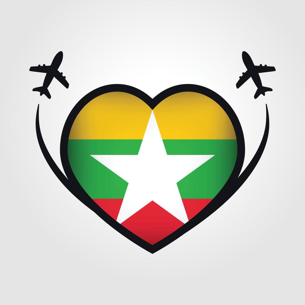 Myanmar Travel Heart Flag With Airplane Icons vector