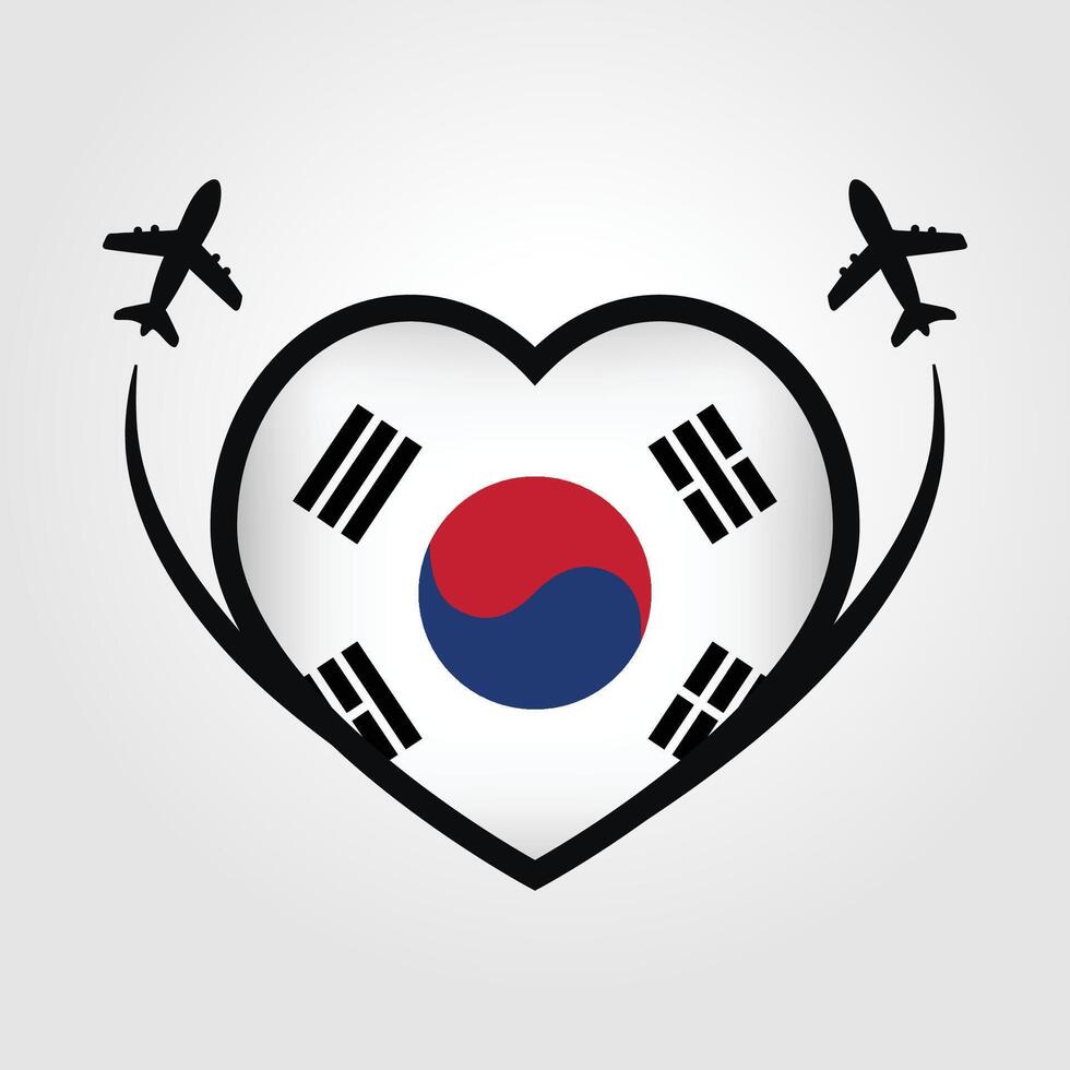 South Korea Travel Heart Flag With Airplane Icons vector