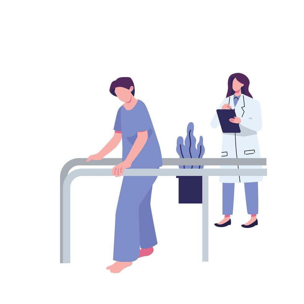 Male patient takes first steps using orthopedic parallel bars flat illustration vector