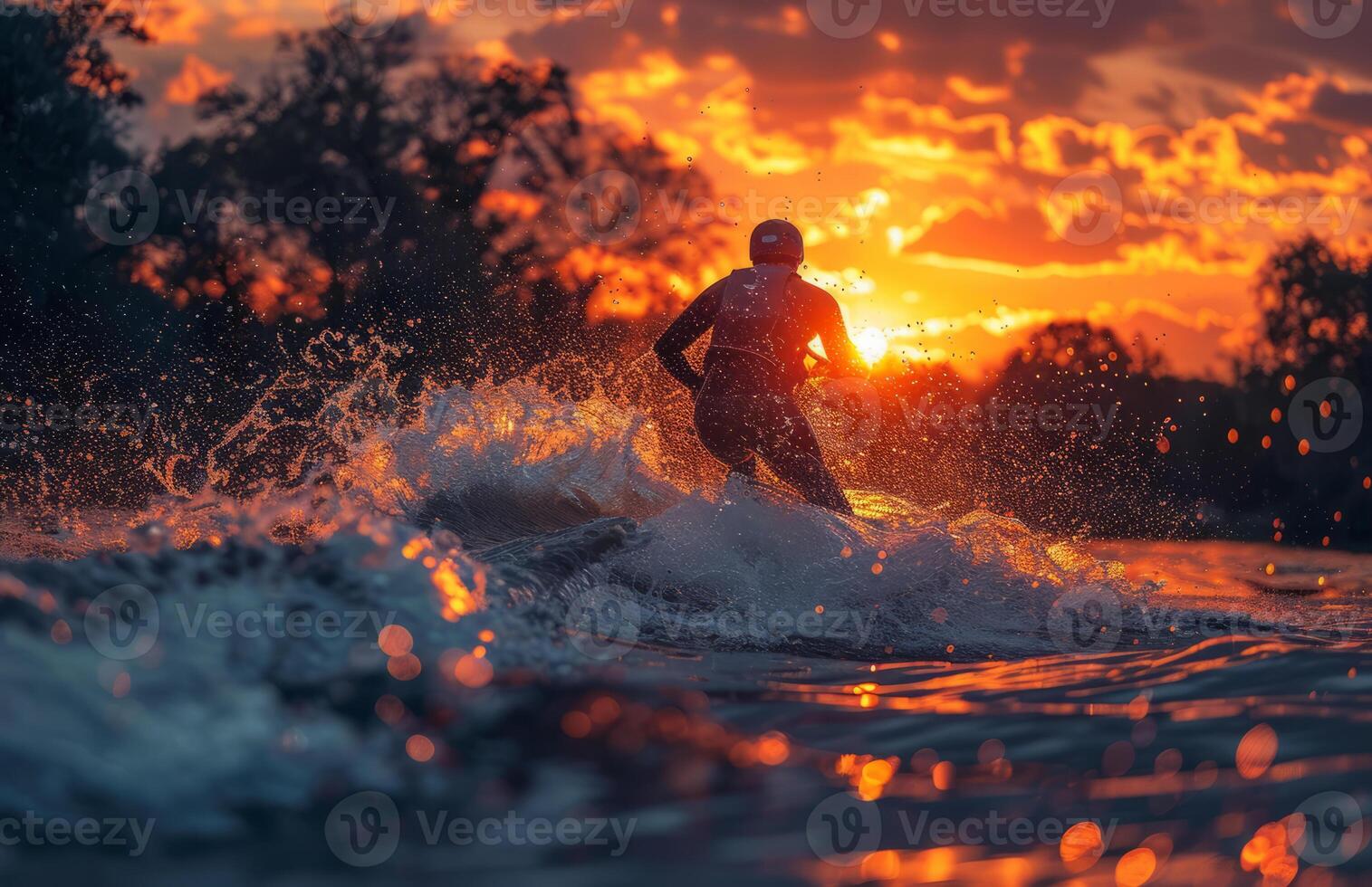 Young man water skiing on lake at sunset photo