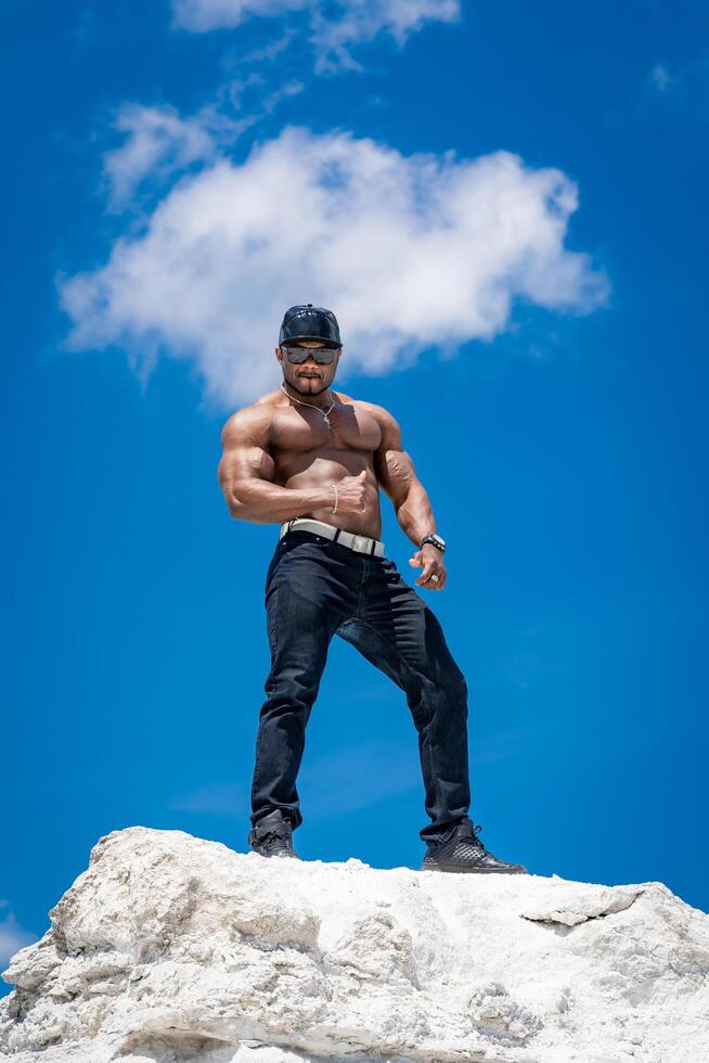Attractive lifestyle strong macho. Handsome muscular man portrait. photo
