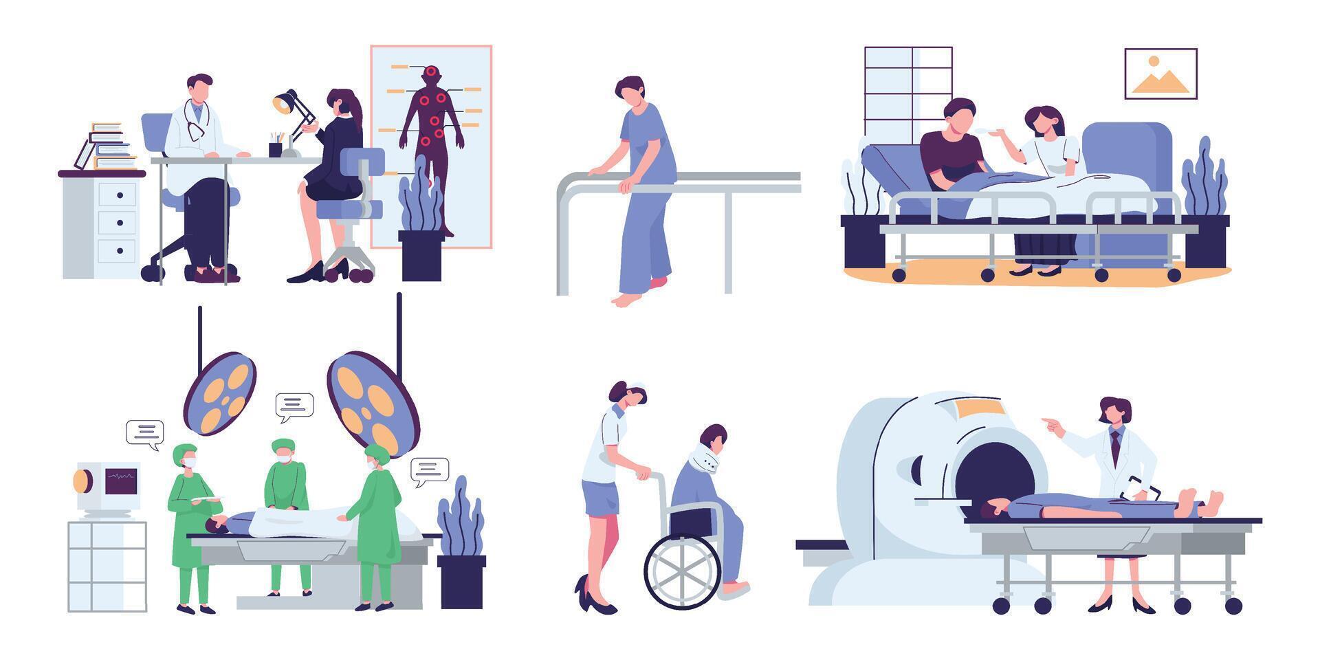 hospital scenes flat style illustration set design, MRI scene, therapy, care, surgery vector