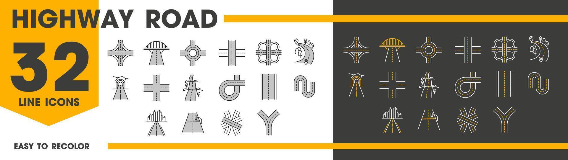 Highway road line icons, street traffic crossroads vector