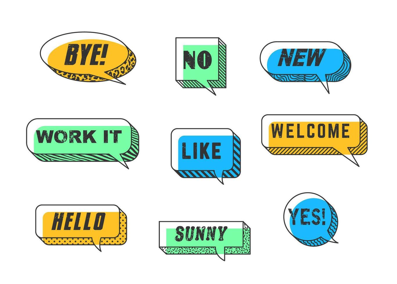 Memphis speech bubbles and message cloud frames vector