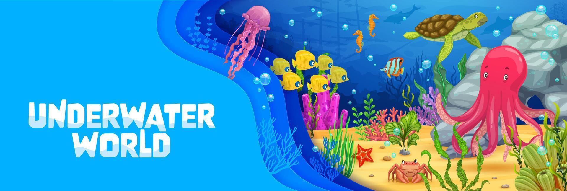Underwater landscape with paper cut waves, vector