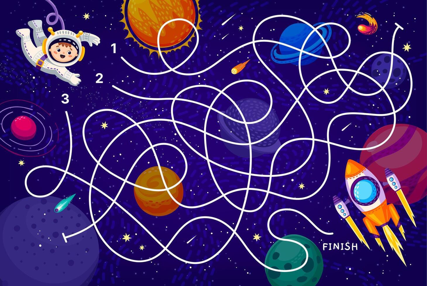 Galaxy labyrinth maze game kid astronaut spaceship vector