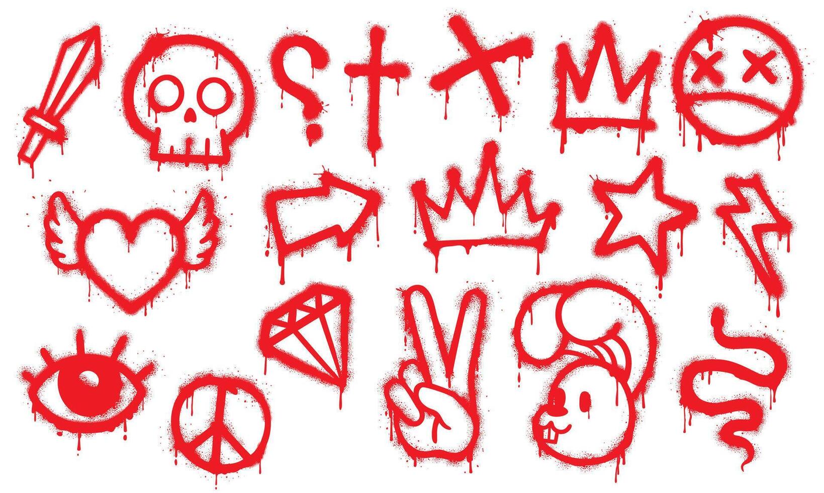 Graffiti red spray paint, grunge elements set vector