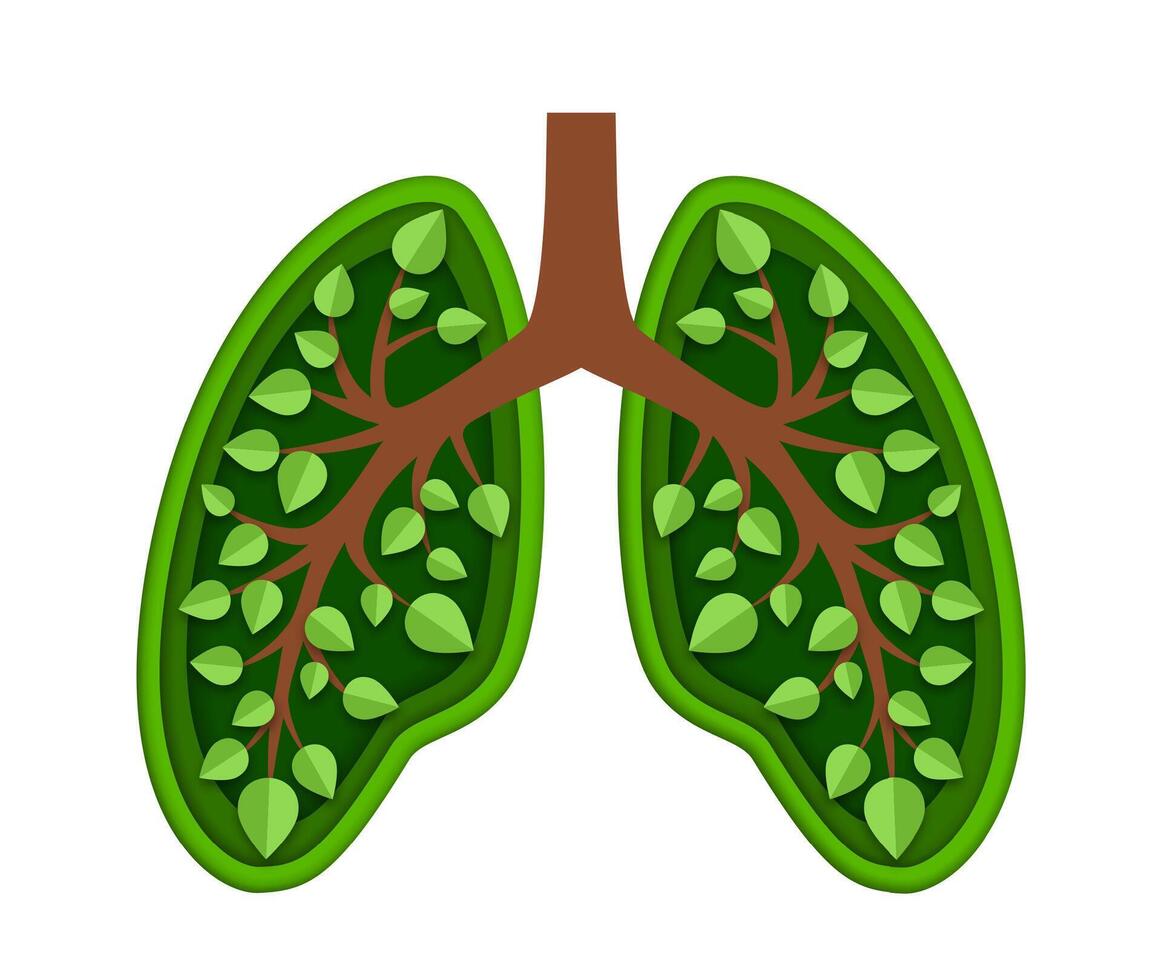 Lungs with green leaves, isolated paper cut vector