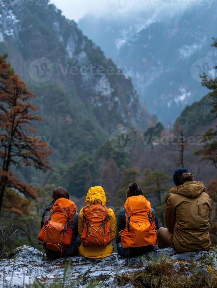 Joyful adventurers, students portrait in nature vacation. capturing the cheer and camaraderie amidst camping, hiking, and breathtaking scenery. photo