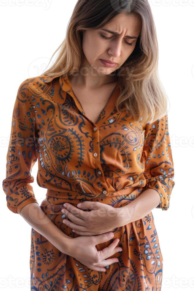 Young woman in menstrual pain, portrayal of the discomfort and agony experienced during menstruation, empathizing with the struggles of menstrual periods of cramps and distress. photo