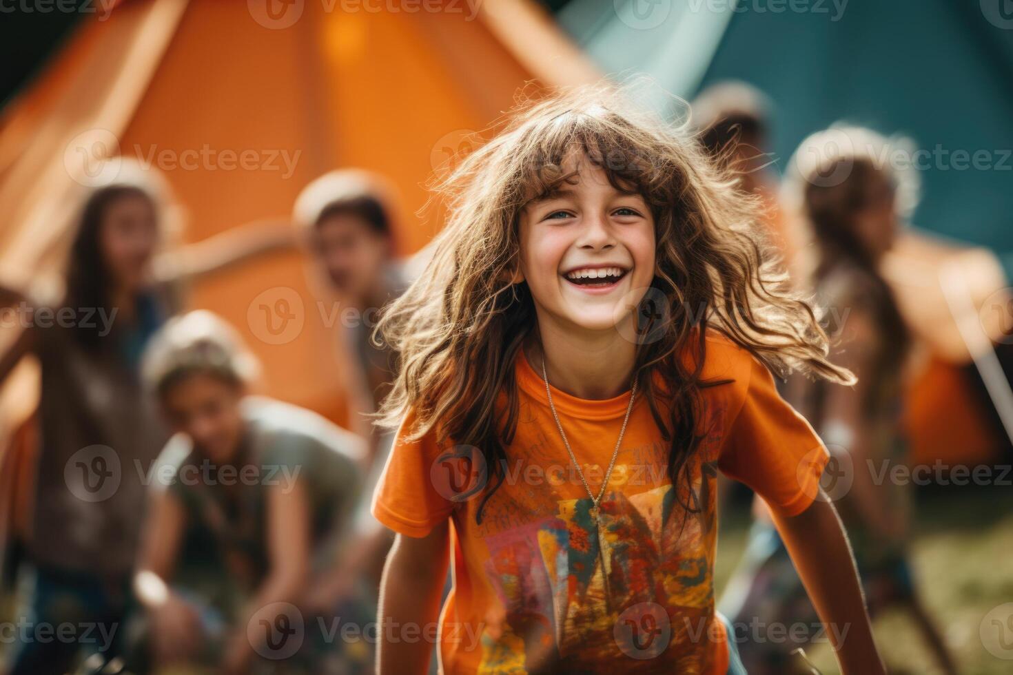 Portrait of a happy child immersed in a summer camp atmosphere filled with joy and fun photo
