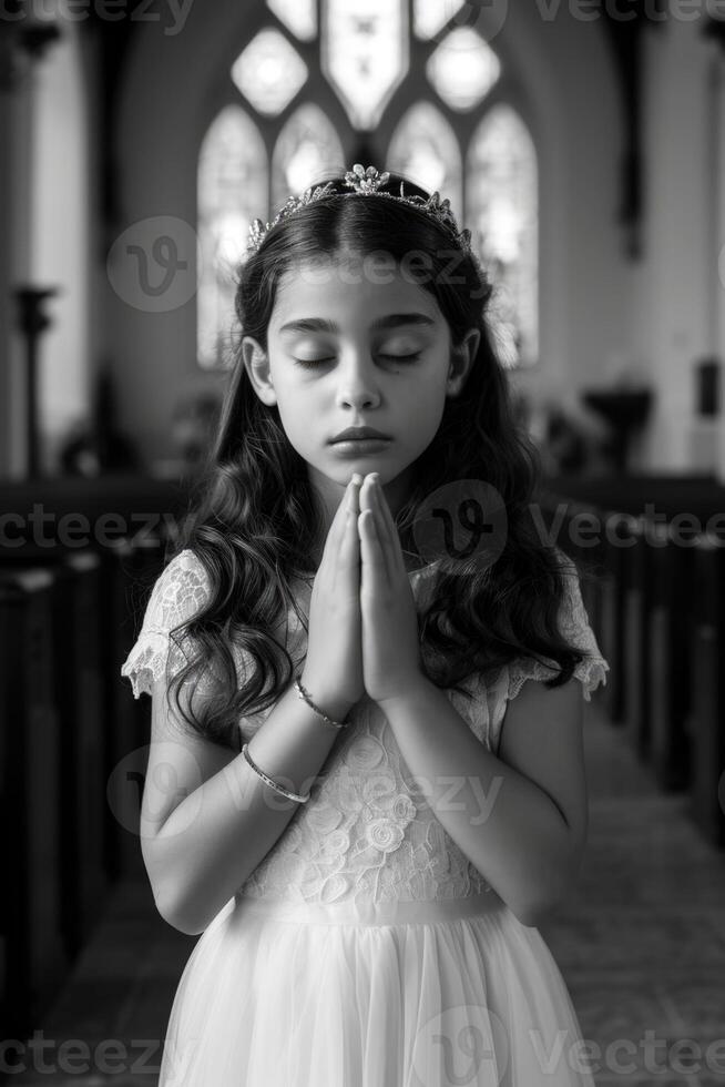 First communion joy - heartwarming moments of young believers in white dresses, celebrating this sacred Christian sacrament with faith, purity, spirit of spiritual growth in memorable church ceremony. photo