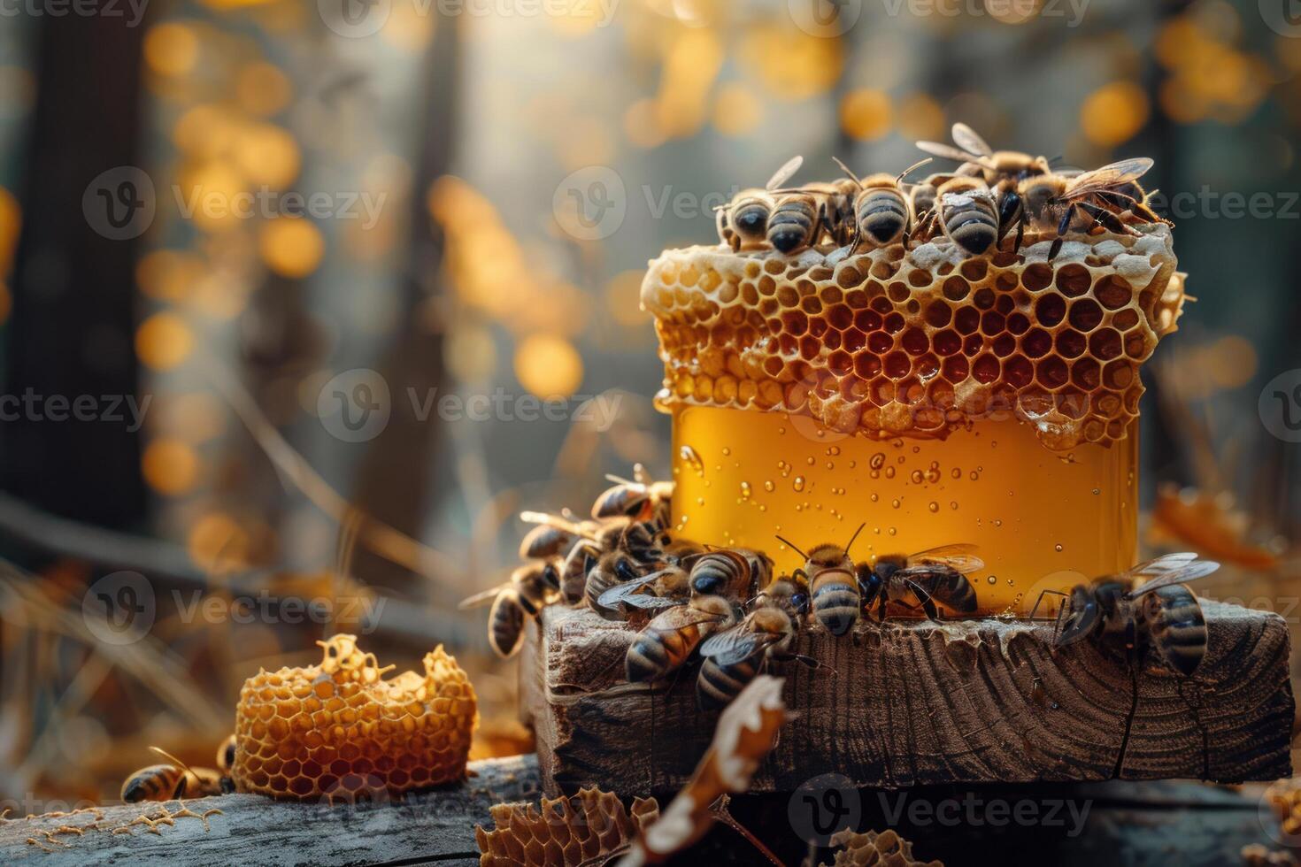 Honey harvest - bees hive honey jar honeycomb - savoring the fruits of bees' labor, from meticulously crafted honeycomb to jars filled with nature's golden elixir, a testament to the hive's bounty. photo