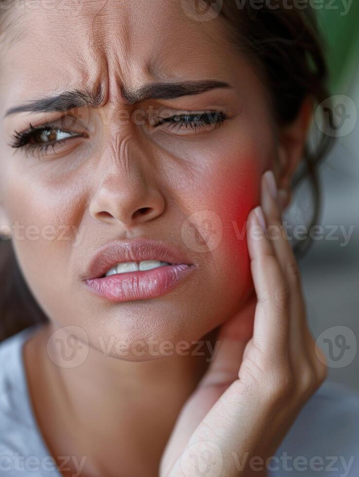 A woman holds her cheek while suffering from a toothache, depicting the discomfort and pain experienced during dental issues, emphasizing the need for oral health care and treatment photo