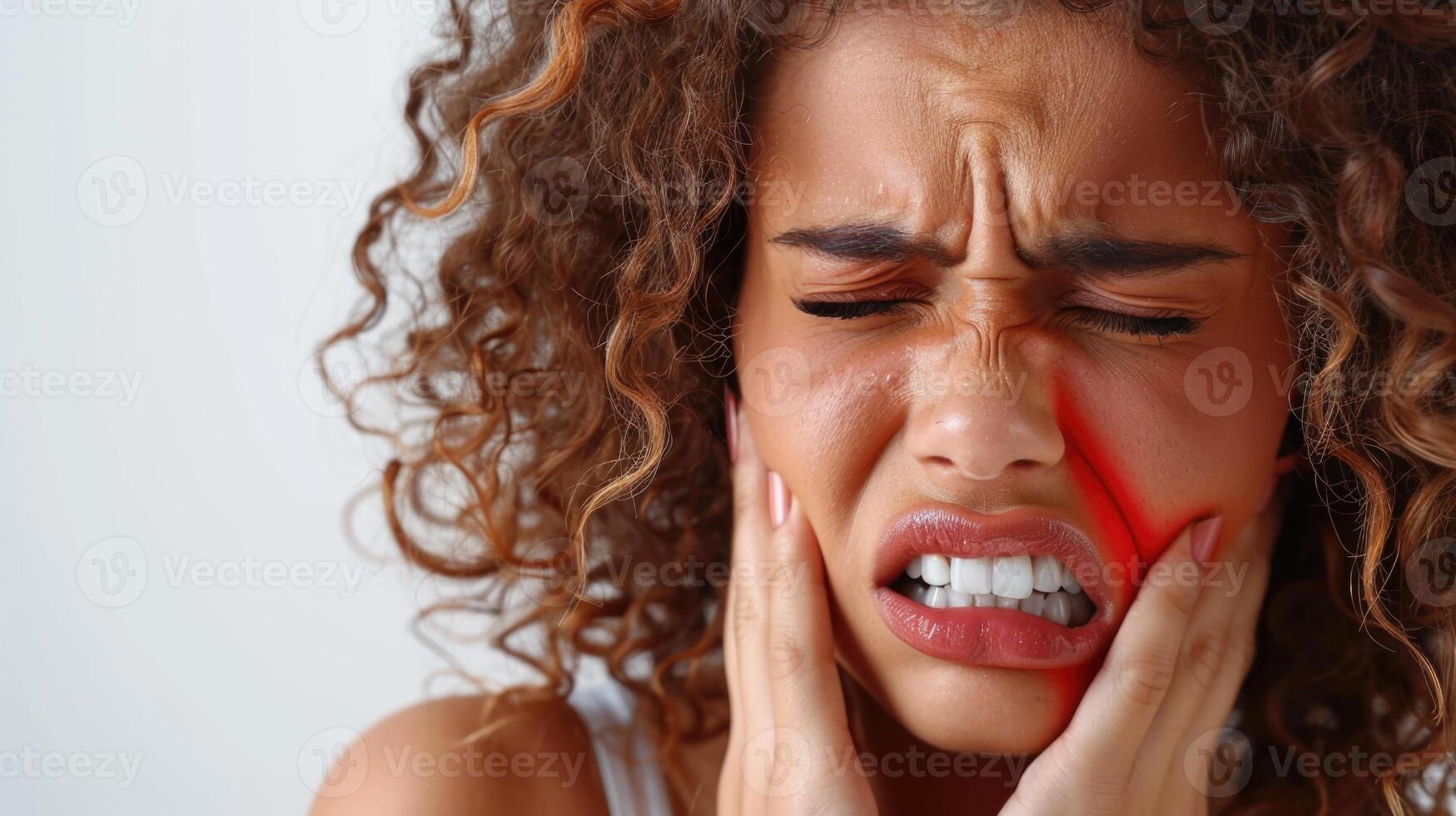 A woman holds her cheek while suffering from a toothache, depicting the discomfort and pain experienced during dental issues, emphasizing the need for oral health care and treatment photo