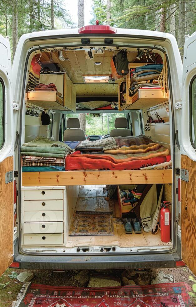 Van-dwelling vanlife, embracing freedom of life on road, exploring world from comfort of a cozy van, experiencing adventure, nature, and community while living a minimalist and sustainable lifestyle. photo