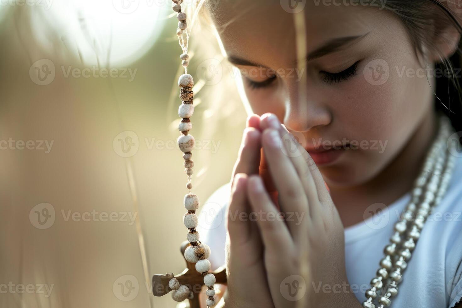 First communion joy - heartwarming moments of young believers in white dresses, celebrating this sacred Christian sacrament with faith, purity, spirit of spiritual growth in memorable church ceremony. photo