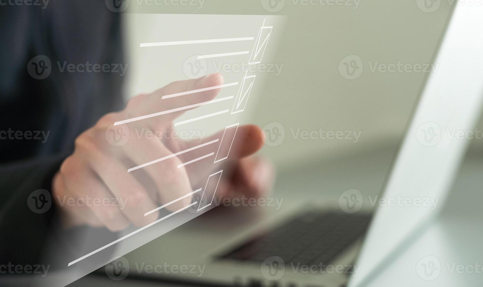 business background technology hologram business icon virtual screen. A man typing hologram screen. technology virtual screen laptop, document, cloud office storage photo