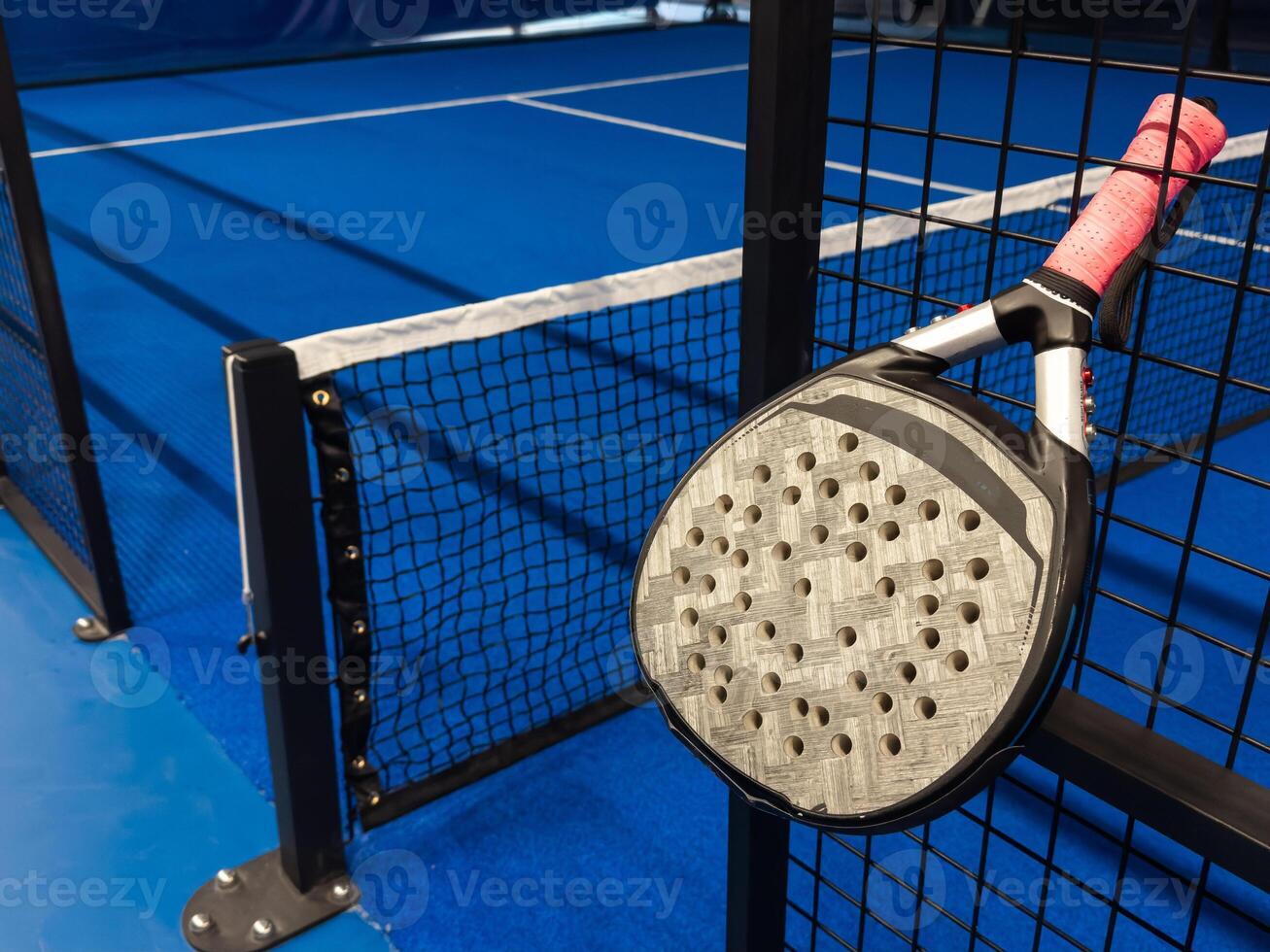 Blue padel and tennis net and hard court. Tennis competition concept. Horizontal sport theme poster, greeting cards, headers, website and app photo