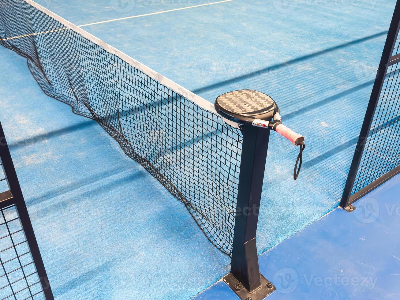 Blue padel and tennis net and hard court. Tennis competition concept. Horizontal sport theme poster, greeting cards, headers, website and app photo