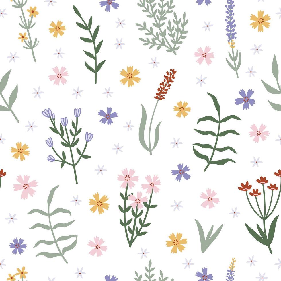 Simple wild flowers on white background seamless pattern vector