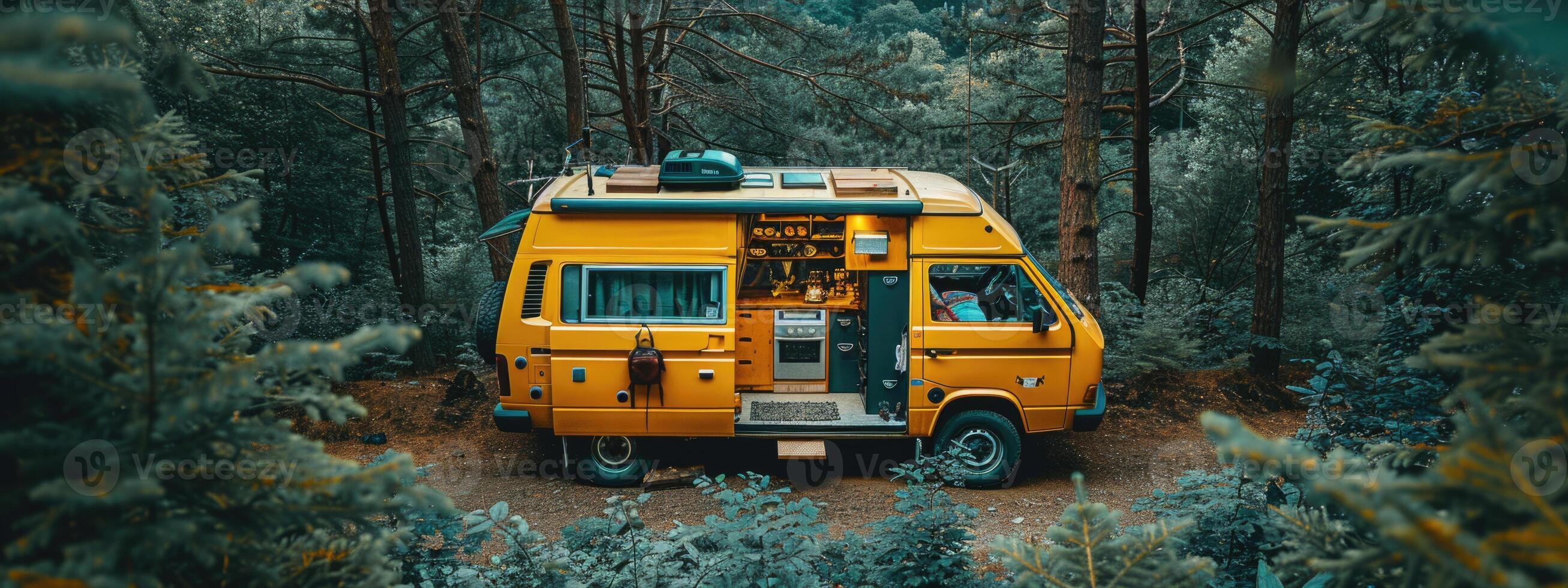 Van-dwelling vanlife, embracing freedom of life on road, exploring world from comfort of a cozy van, experiencing adventure, nature, and community while living a minimalist and sustainable lifestyle. photo