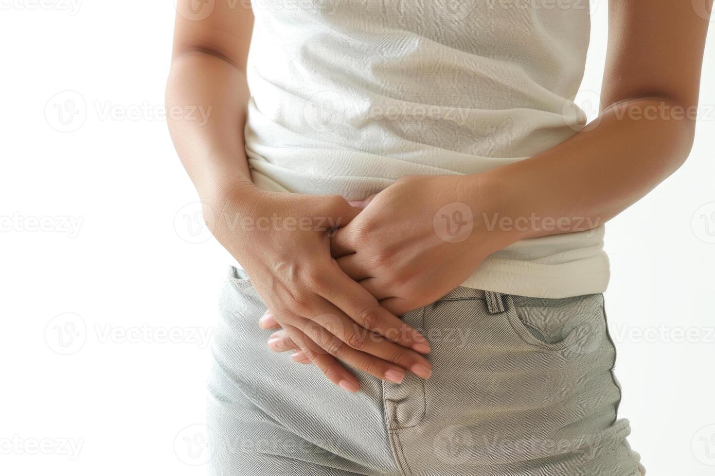 Young woman in menstrual pain, portrayal of the discomfort and agony experienced during menstruation, empathizing with the struggles of menstrual periods of cramps and distress. photo