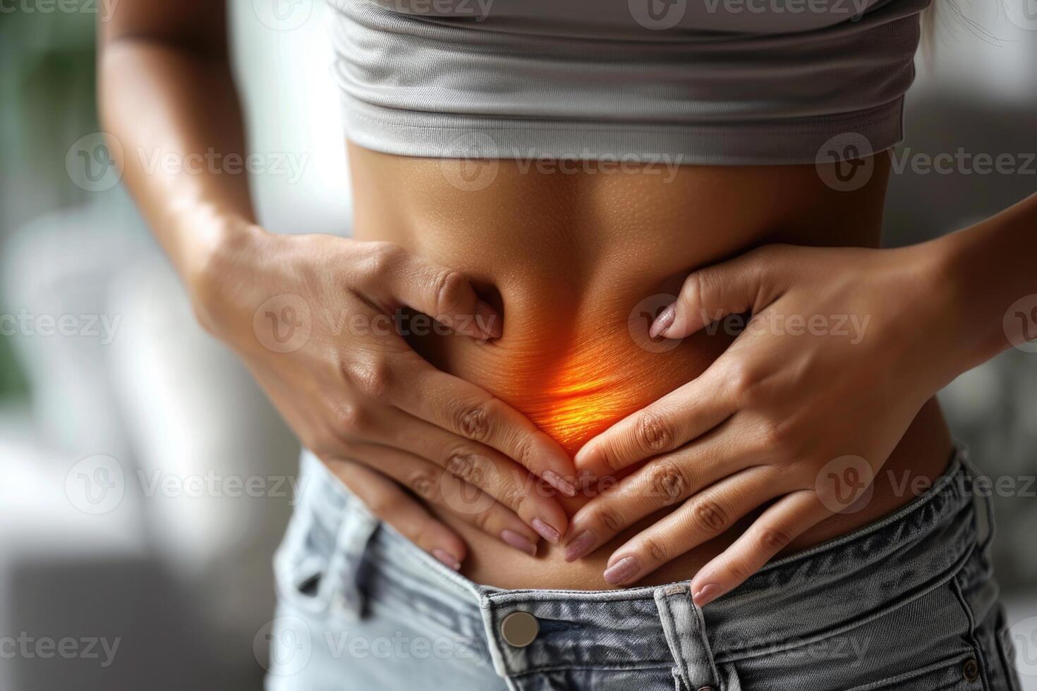 Young woman in menstrual pain, portrayal of the discomfort and agony experienced during menstruation, empathizing with the struggles of menstrual periods of cramps and distress. photo