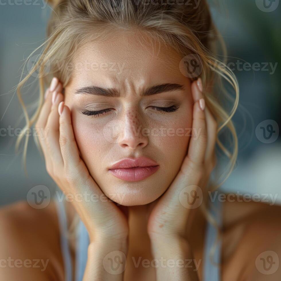 Headache, agony discomfort and migraine with effective treatment, stress relief, lifestyle adjustments for improved health and well-being, solution for symptom relief and comfor pulsating character photo