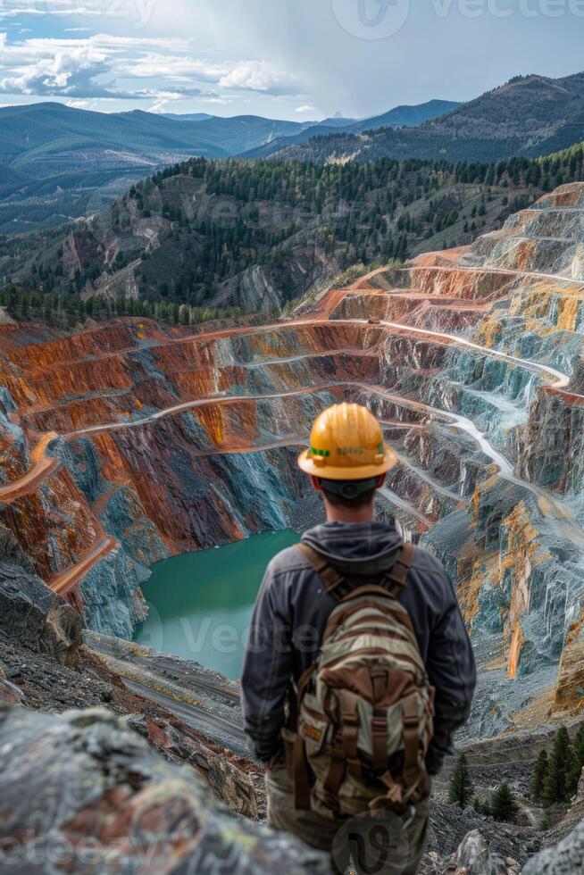 Surveying the copper mine, man in hard hat oversees operations at open pit - ensuring safety and efficiency in resource extraction. photo