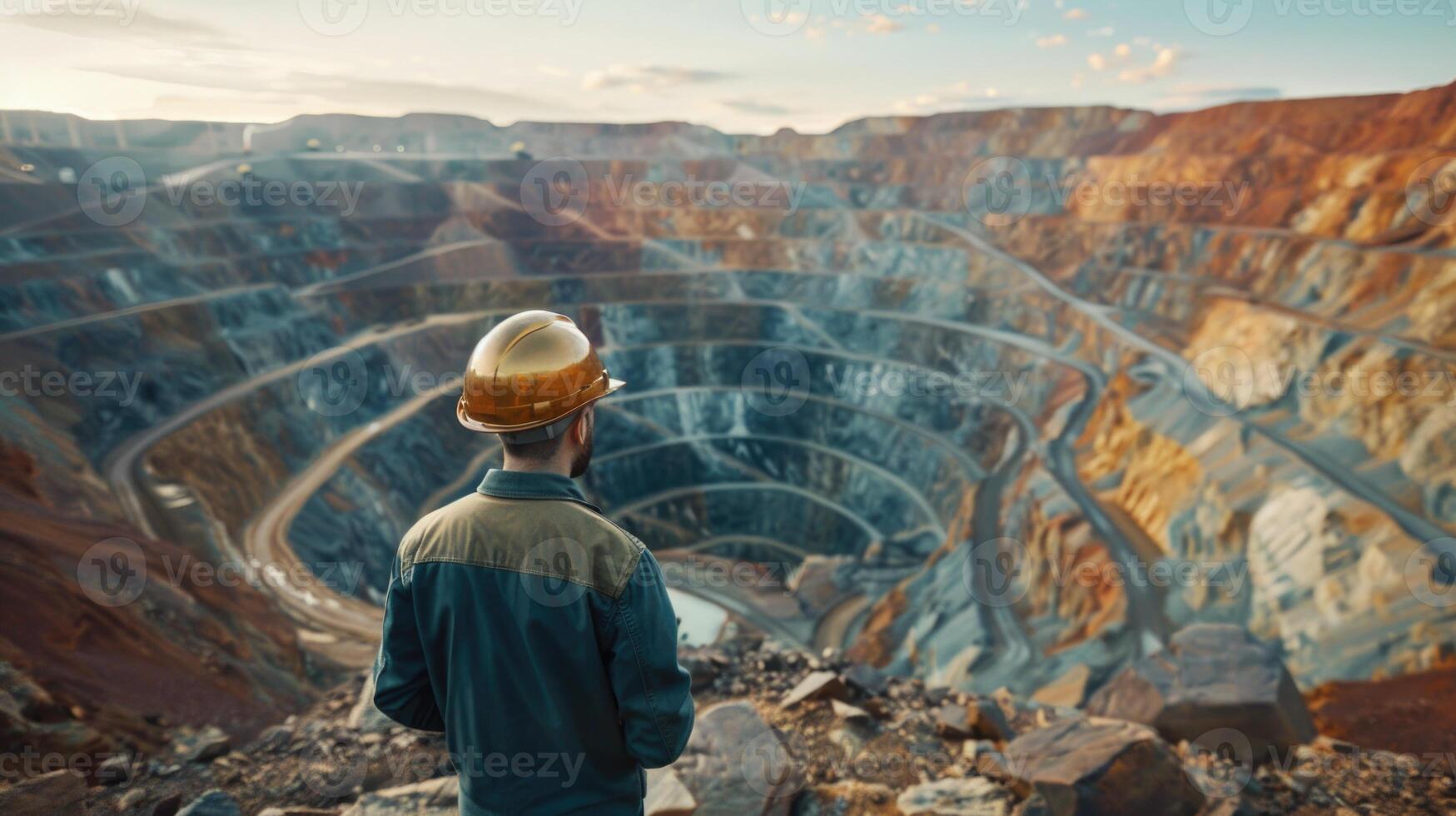 Surveying the copper mine, man in hard hat oversees operations at open pit - ensuring safety and efficiency in resource extraction. photo
