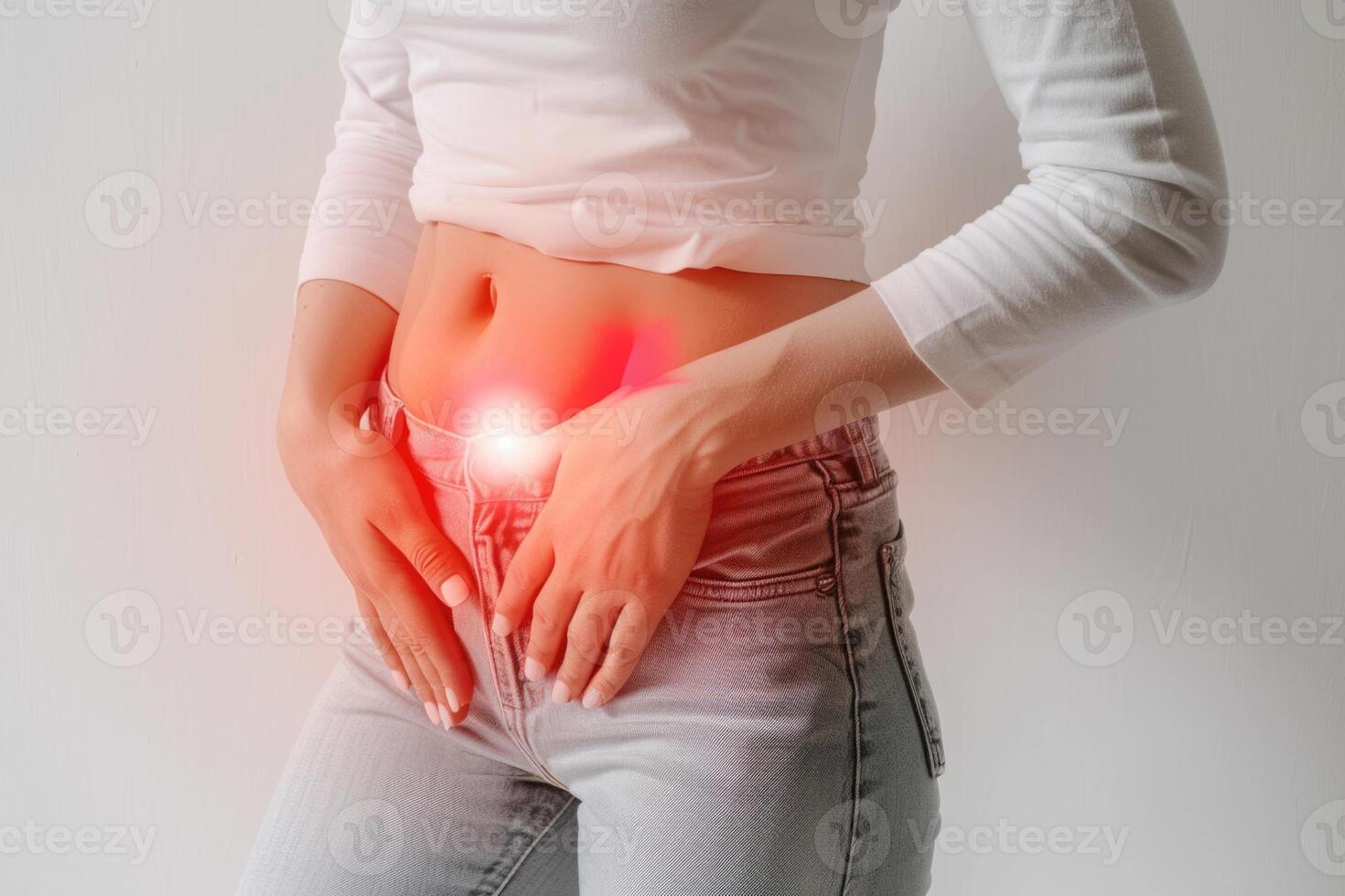 Young woman in menstrual pain, portrayal of the discomfort and agony experienced during menstruation, empathizing with the struggles of menstrual periods of cramps and distress. photo