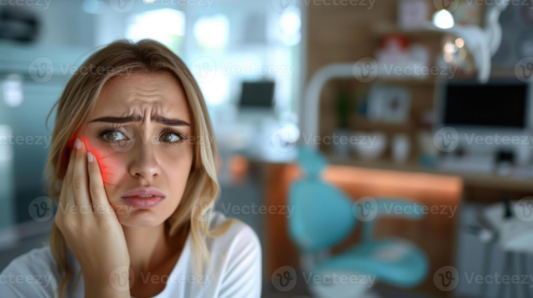 A woman holds her cheek while suffering from a toothache, depicting the discomfort and pain experienced during dental issues, emphasizing the need for oral health care and treatment photo