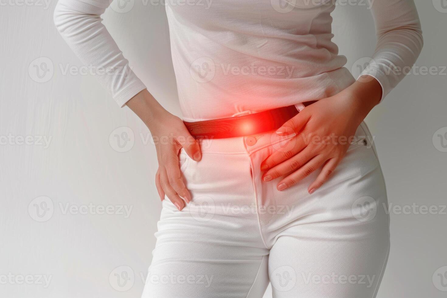 Young woman in menstrual pain, portrayal of the discomfort and agony experienced during menstruation, empathizing with the struggles of menstrual periods of cramps and distress. photo
