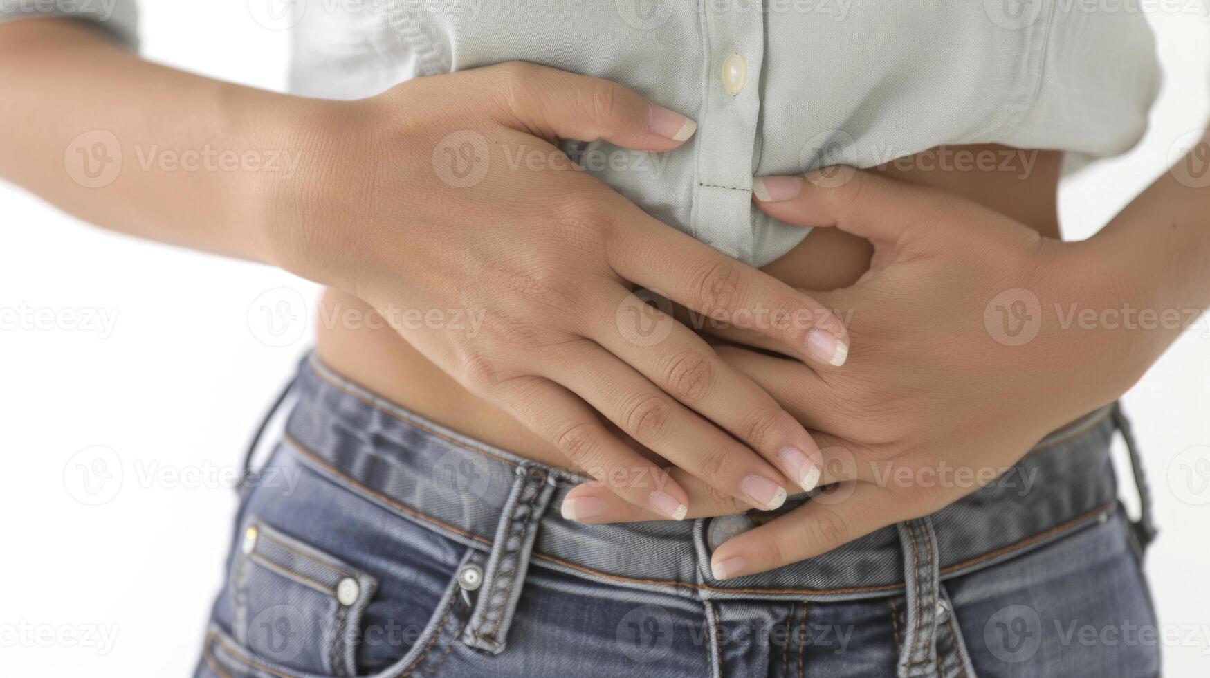 Young woman in menstrual pain, portrayal of the discomfort and agony experienced during menstruation, empathizing with the struggles of menstrual periods of cramps and distress. photo
