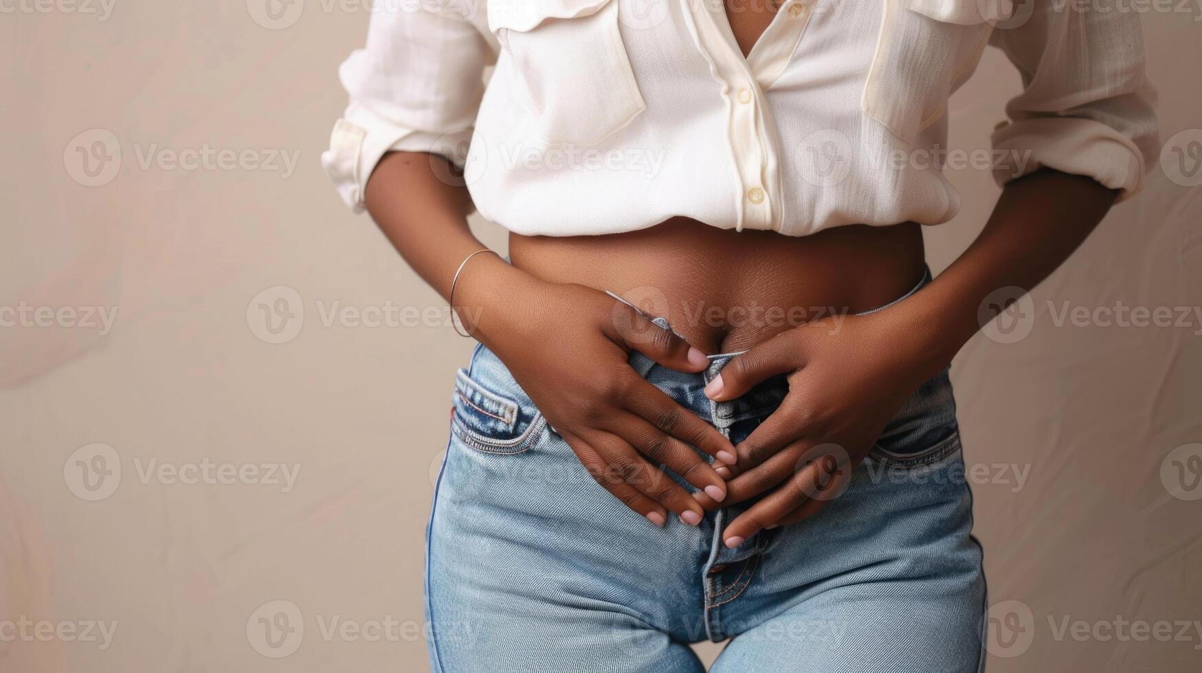 Young woman in menstrual pain, portrayal of the discomfort and agony experienced during menstruation, empathizing with the struggles of menstrual periods of cramps and distress. photo