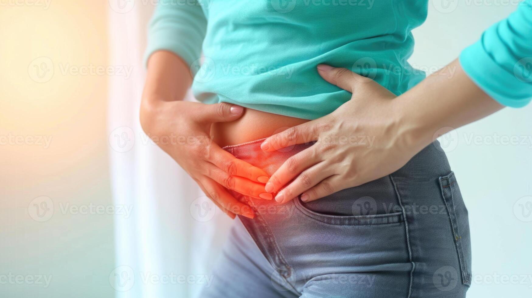Young woman in menstrual pain, portrayal of the discomfort and agony experienced during menstruation, empathizing with the struggles of menstrual periods of cramps and distress. photo