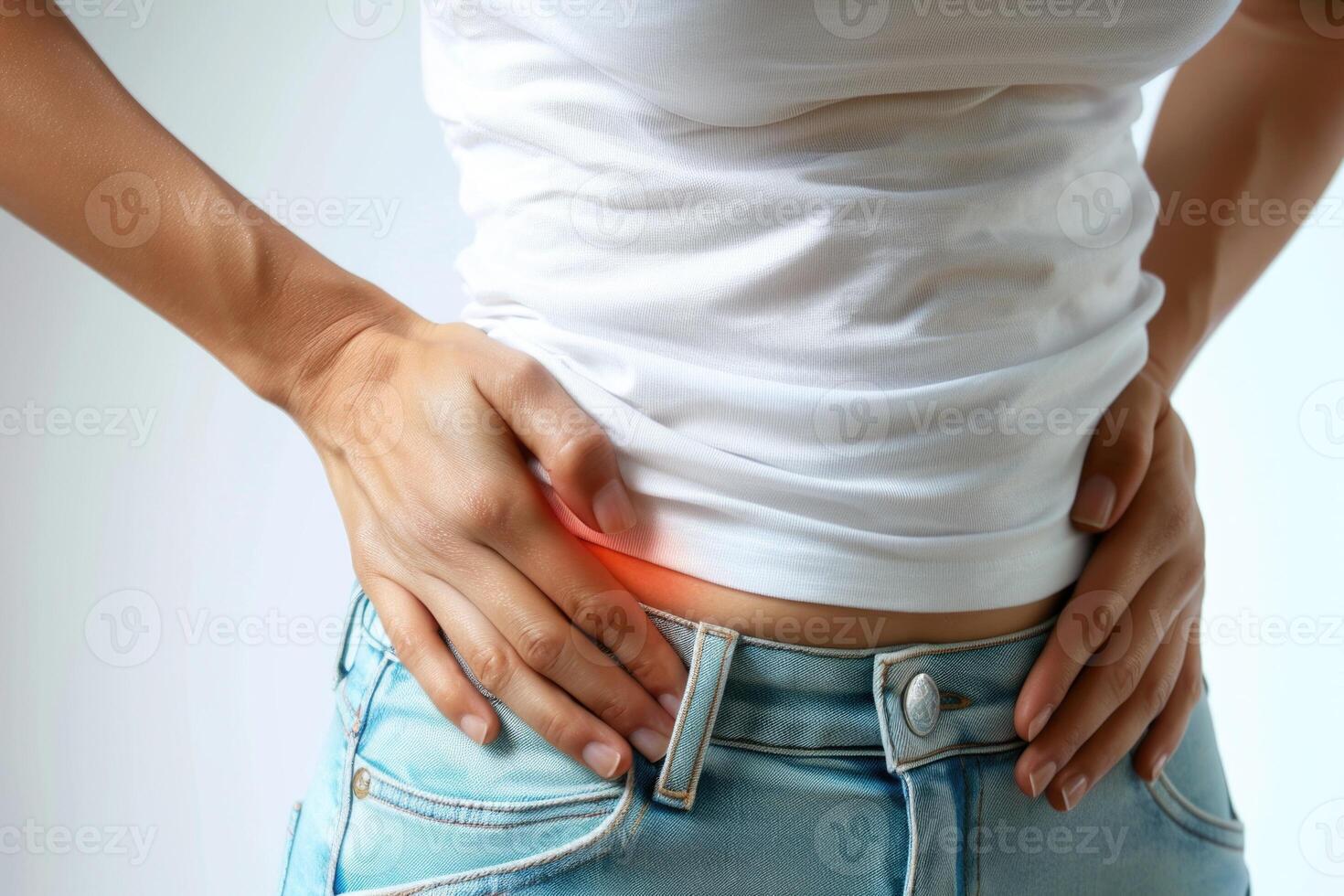 Young woman in menstrual pain, portrayal of the discomfort and agony experienced during menstruation, empathizing with the struggles of menstrual periods of cramps and distress. photo