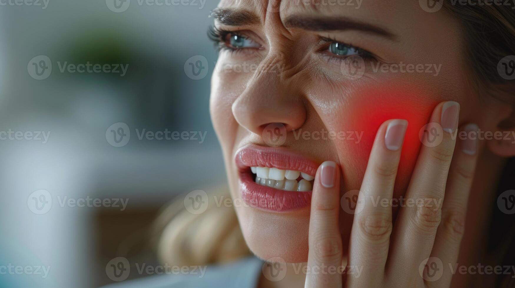 A woman holds her cheek while suffering from a toothache, depicting the discomfort and pain experienced during dental issues, emphasizing the need for oral health care and treatment photo